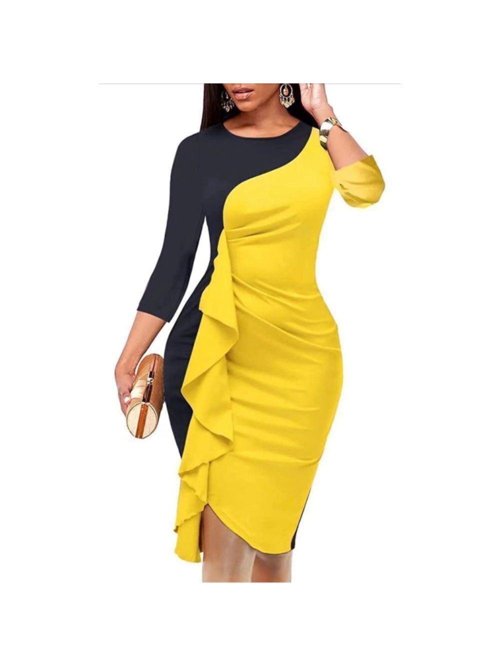 NEW Ruffle Bodycon Ruched Dress 3/4 Sleeve Colorblock M